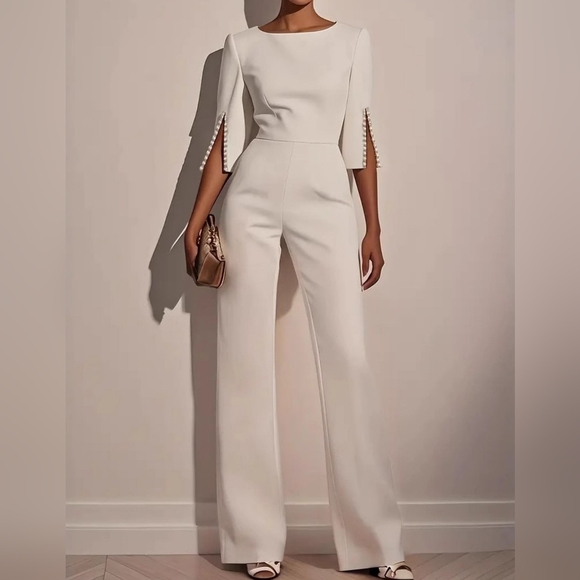 Wide-Leg Ivory Jumpsuit with Slit-Sleeve Detail - Picture 5 of 9